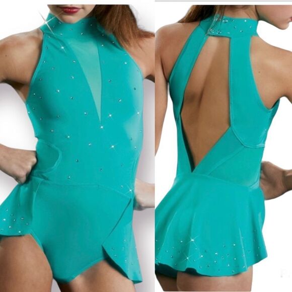 WEISSMAN Ivy Sky Dance Costume teal aqua blue Crystal Back Panel Dress D10928 LC - Picture 1 of 14